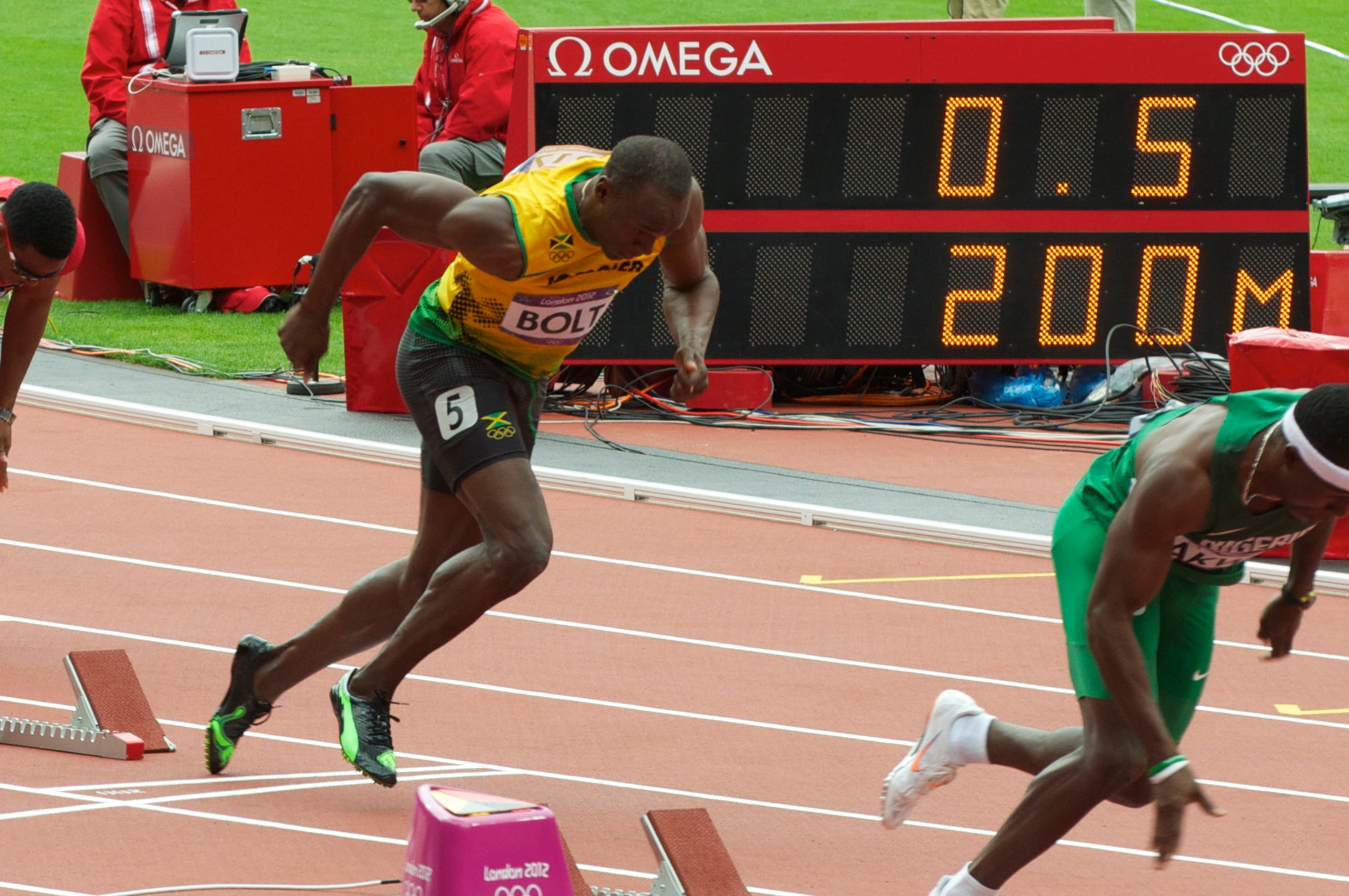 Usain Bolt lige efter starten under OL i 2012